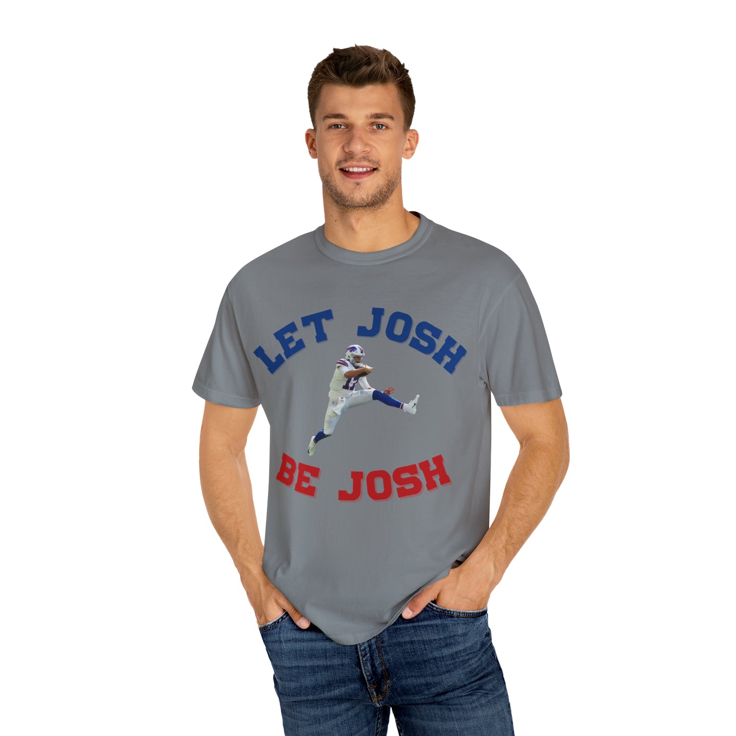 Hurdling Let Josh Be Josh/Bills Mafia w Logo on Back Two Sided Tshirt Bills Mafia Cool Font Buffalo Bills Josh Allen 17 Football Tshirt