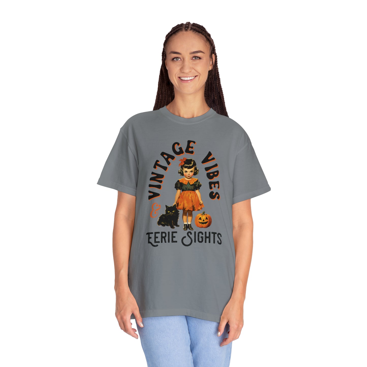 Vintage Halloween Retro Style Tshirt w Girl & Black Cats Vintage Vibes & Eerie Sights