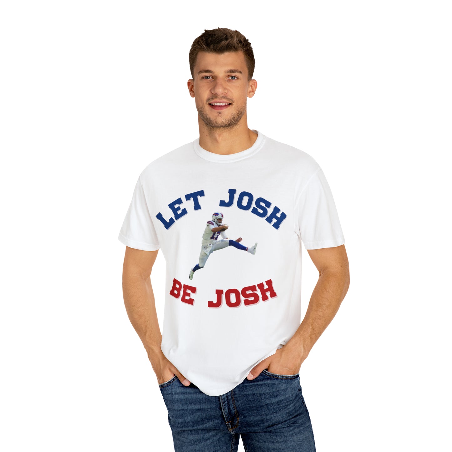 Hurdling Let Josh Be Josh/Bills Mafia w Logo on Back Two Sided Tshirt Bills Mafia Cool Font Buffalo Bills Josh Allen 17 Football Tshirt