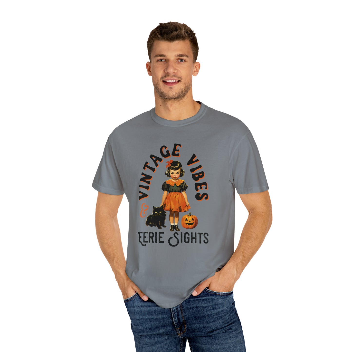 Vintage Halloween Retro Style Tshirt w Girl & Black Cats Vintage Vibes & Eerie Sights