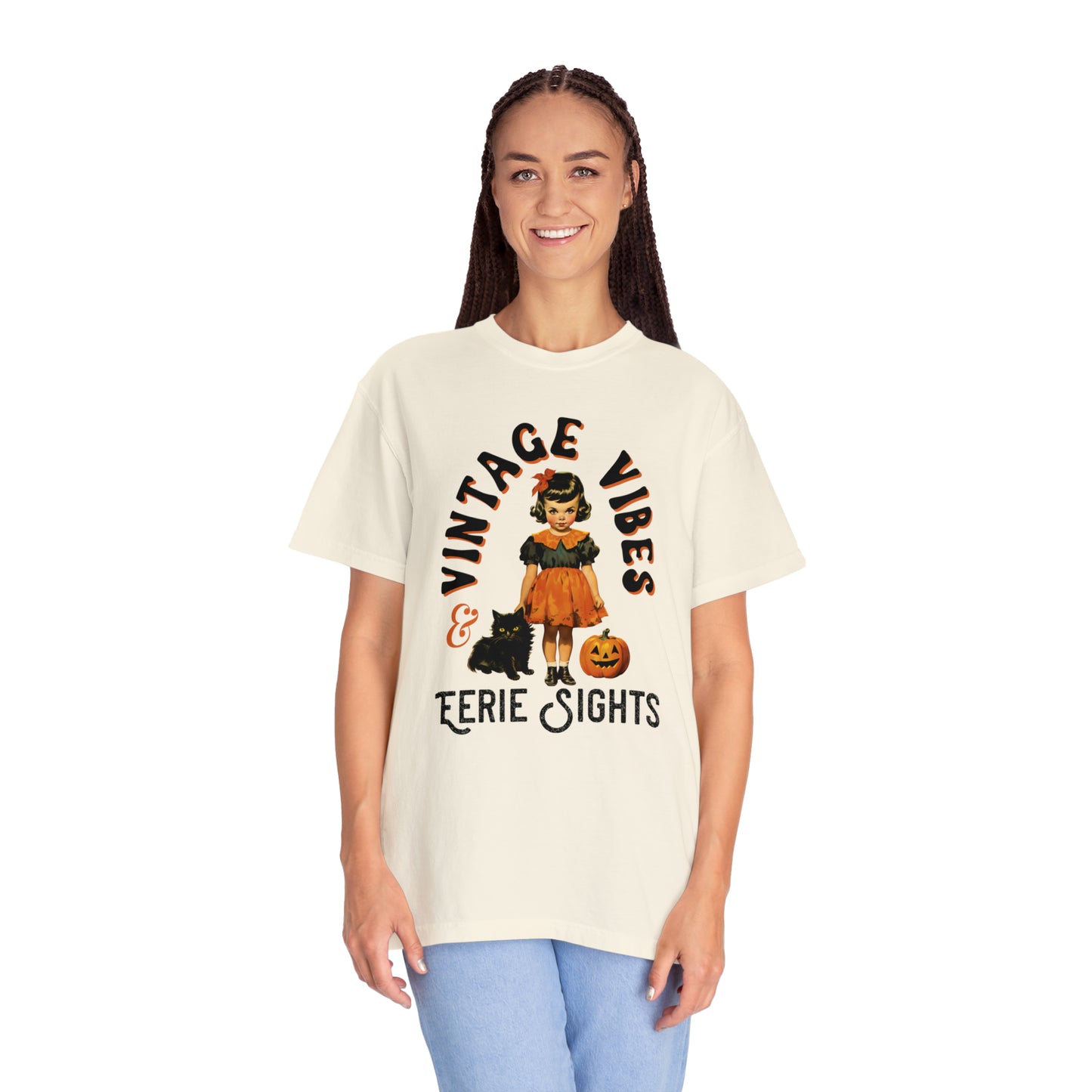 Vintage Halloween Retro Style Tshirt w Girl & Black Cats Vintage Vibes & Eerie Sights