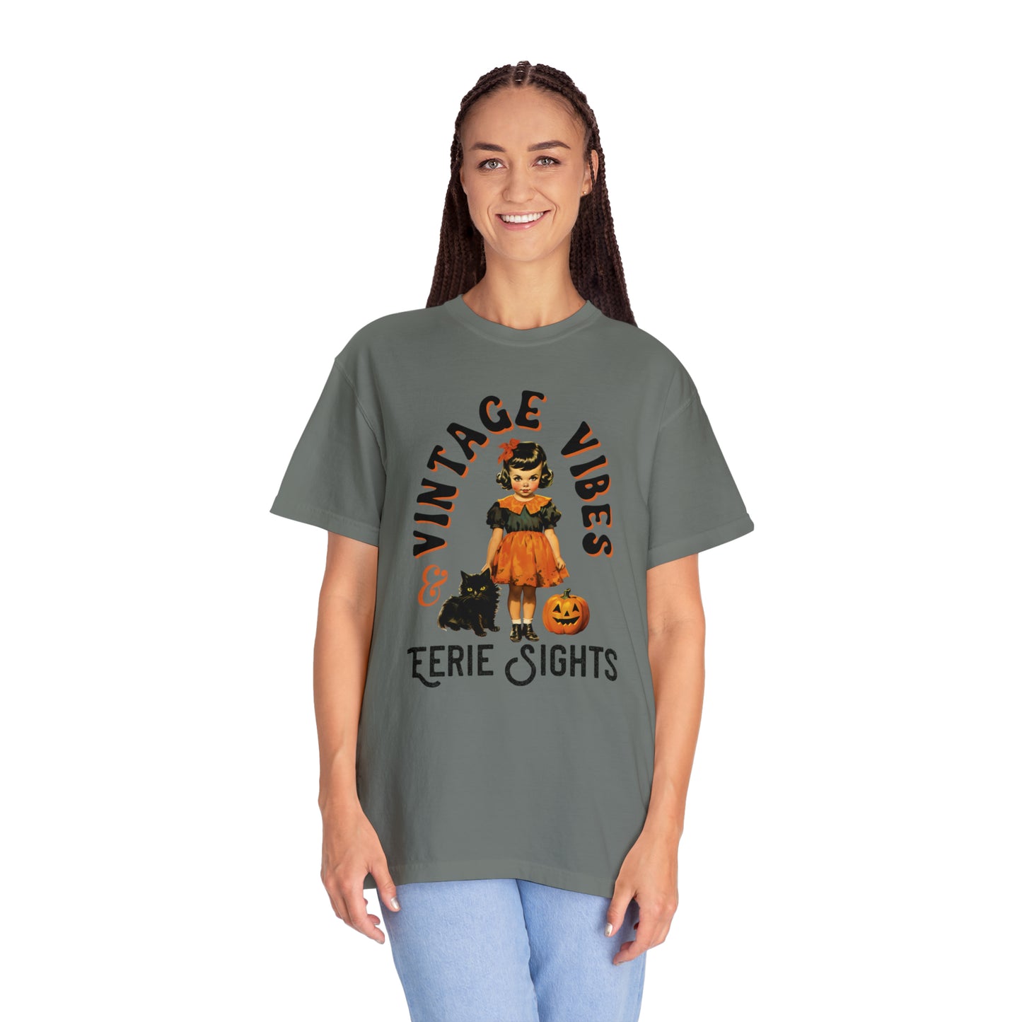 Vintage Halloween Retro Style Tshirt w Girl & Black Cats Vintage Vibes & Eerie Sights