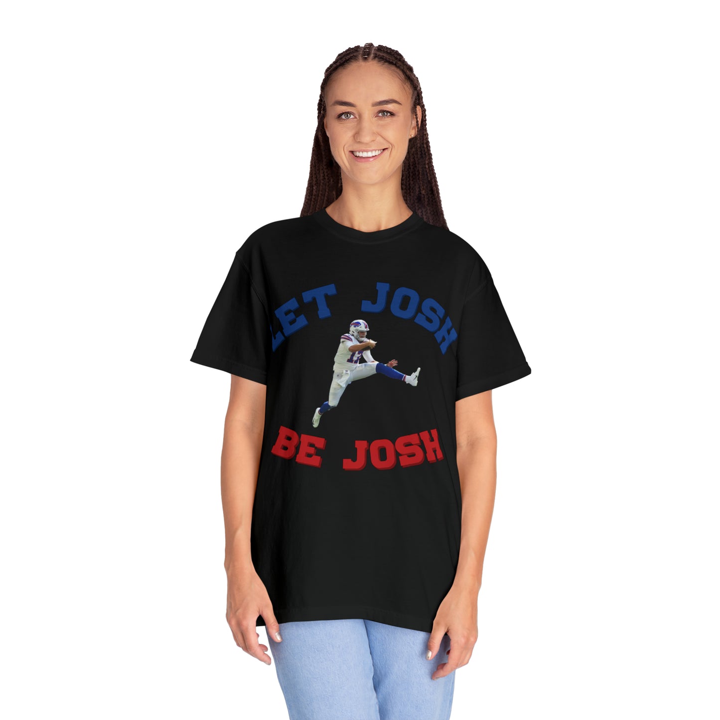 Hurdling Let Josh Be Josh/Bills Mafia w Logo on Back Two Sided Tshirt Bills Mafia Cool Font Buffalo Bills Josh Allen 17 Football Tshirt