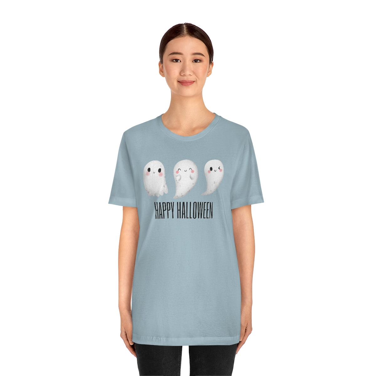 Three Ghosts Cute Happy Halloween Tshirt, Funny TShirt Design on Unisex Jersey Short Sleeve Tee