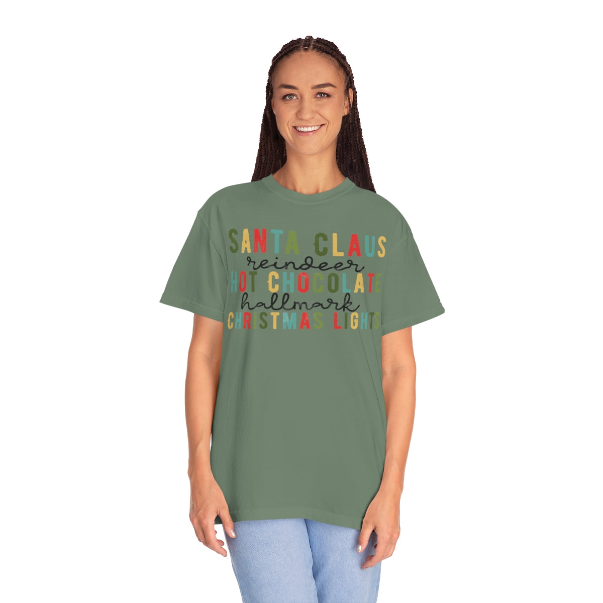 Santa Claus, Reindeer, Hot Chocolate, Hallmark & Christmas Lights Tshirt