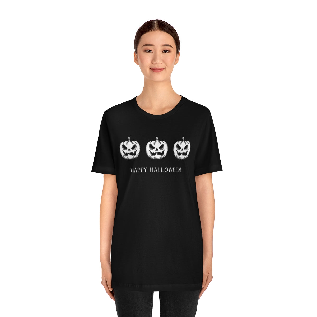 Three Pumpkin Happy Halloween, Pumpkin Tshirt, Funny TShirt Design on Unisex Jersey Short Sleeve Tee