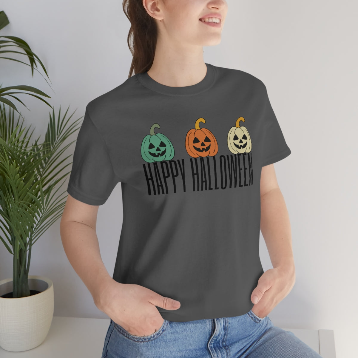 Three Pumpkins Retro Cute Happy Halloween TShirt Design on Unisex Jersey Short Sleeve Tee