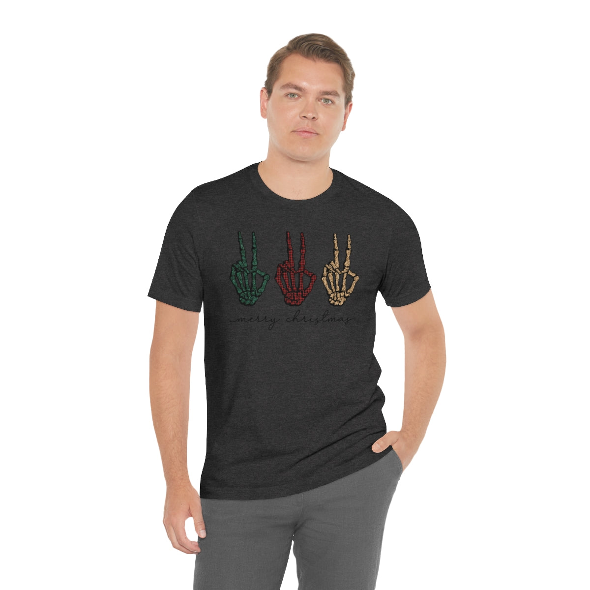 Three Peace Signs Skeleton Hands Spooky Merry Christmas Script Tshirt