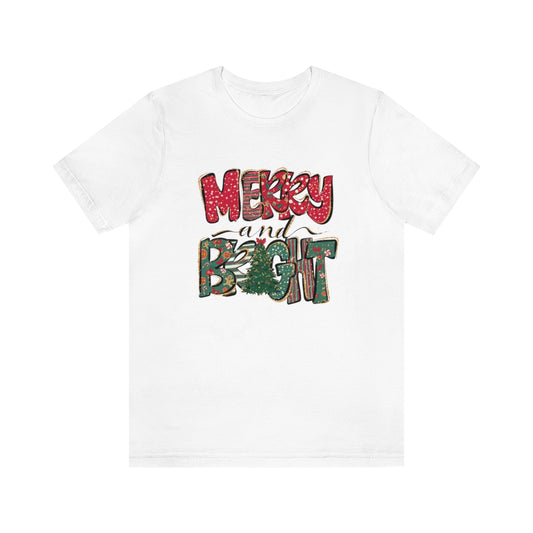 Merry and Bright Gold Lettering Christmas Tshirt