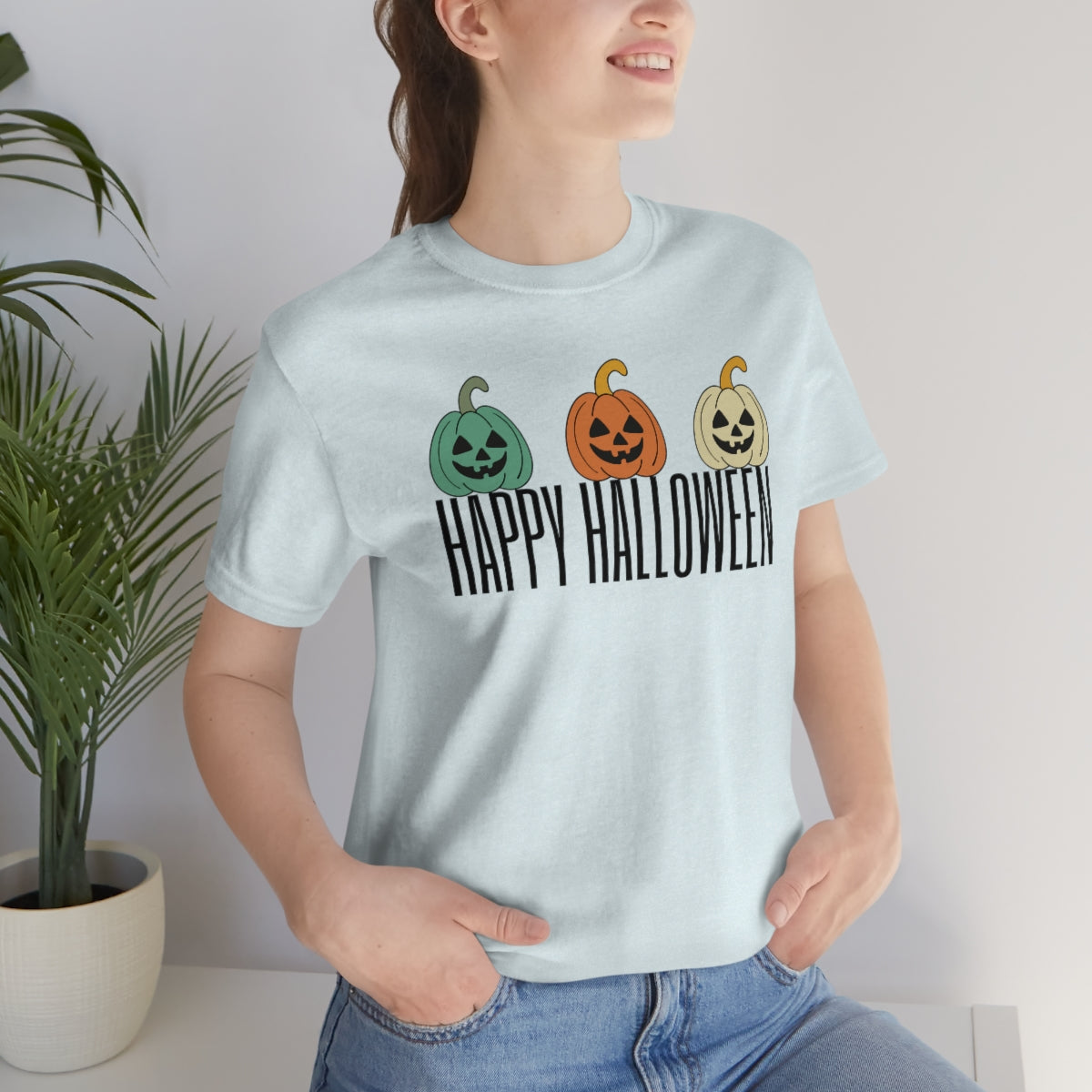 Three Pumpkins Retro Cute Happy Halloween TShirt Design on Unisex Jersey Short Sleeve Tee