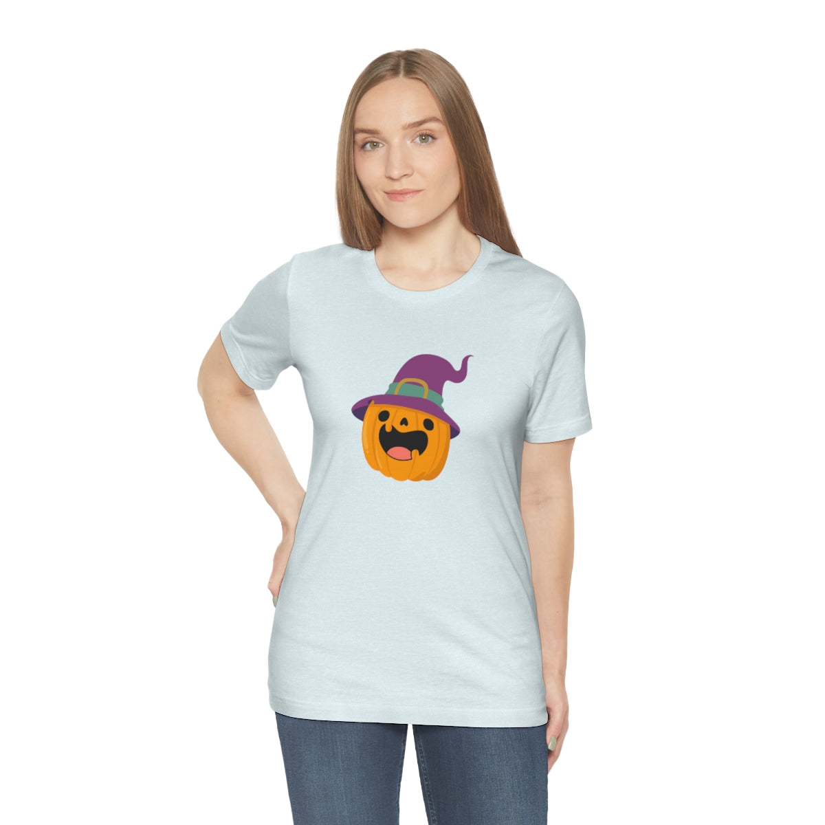 Pumpkin with Purple Hat Happy Halloween Tshirt, Funny Halloween T-Shirt Design on Unisex Jersey Short Sleeve Tee