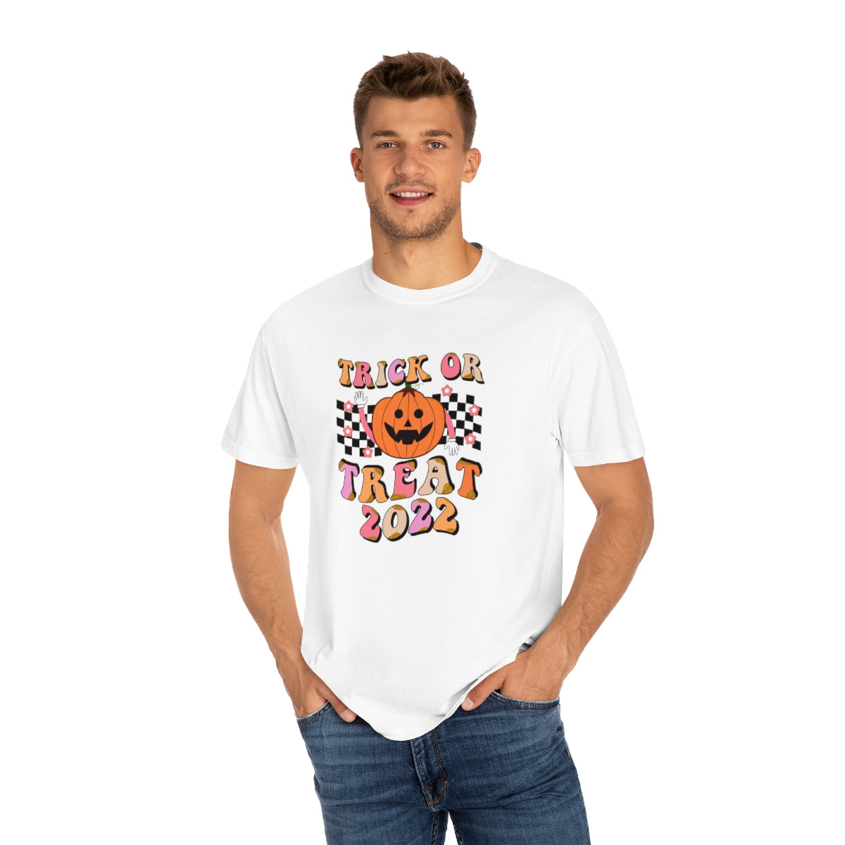 Trick or Treat Halloween 2022 Cute Retro Teeshirt Design on Unisex Garment-Dyed T-shirt