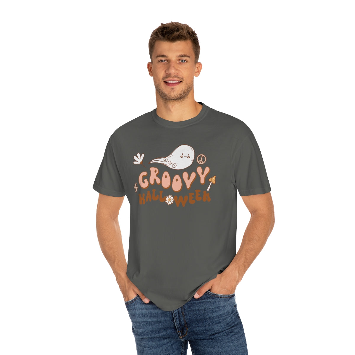 Happy Groovy Halloween Cute Retro Lettering Design, Halloween Tshirt, Funny Tshirt Design on Unisex Garment-Dyed T-shirt