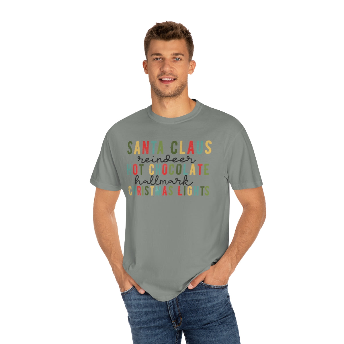 Santa Claus, Reindeer, Hot Chocolate, Hallmark & Christmas Lights Tshirt