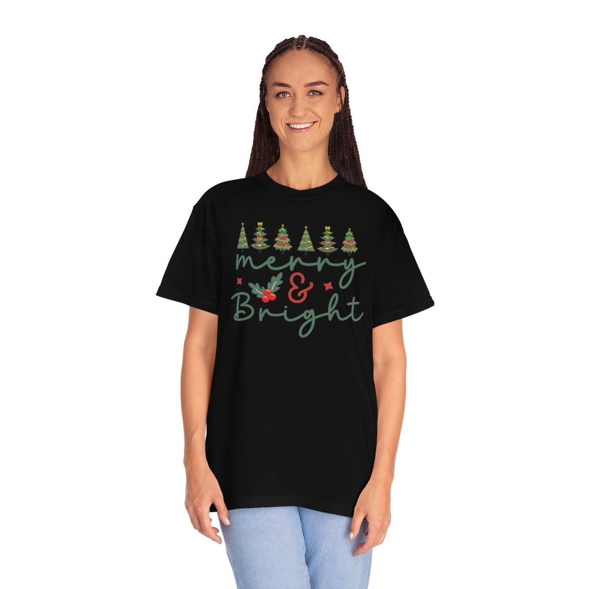 Merry & Bright Cute Words & Trees Christmas Holiday Tshirt