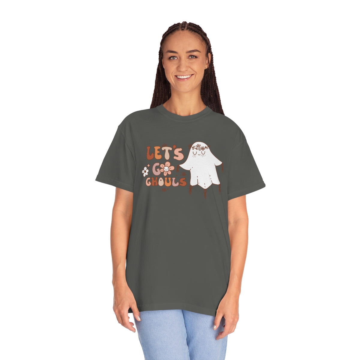 Let's Go Ghouls Cute Ghost with Retro Lettering Design, Halloween Tshirt, Funny Tshirt Design on Unisex Garment-Dyed T-shirt