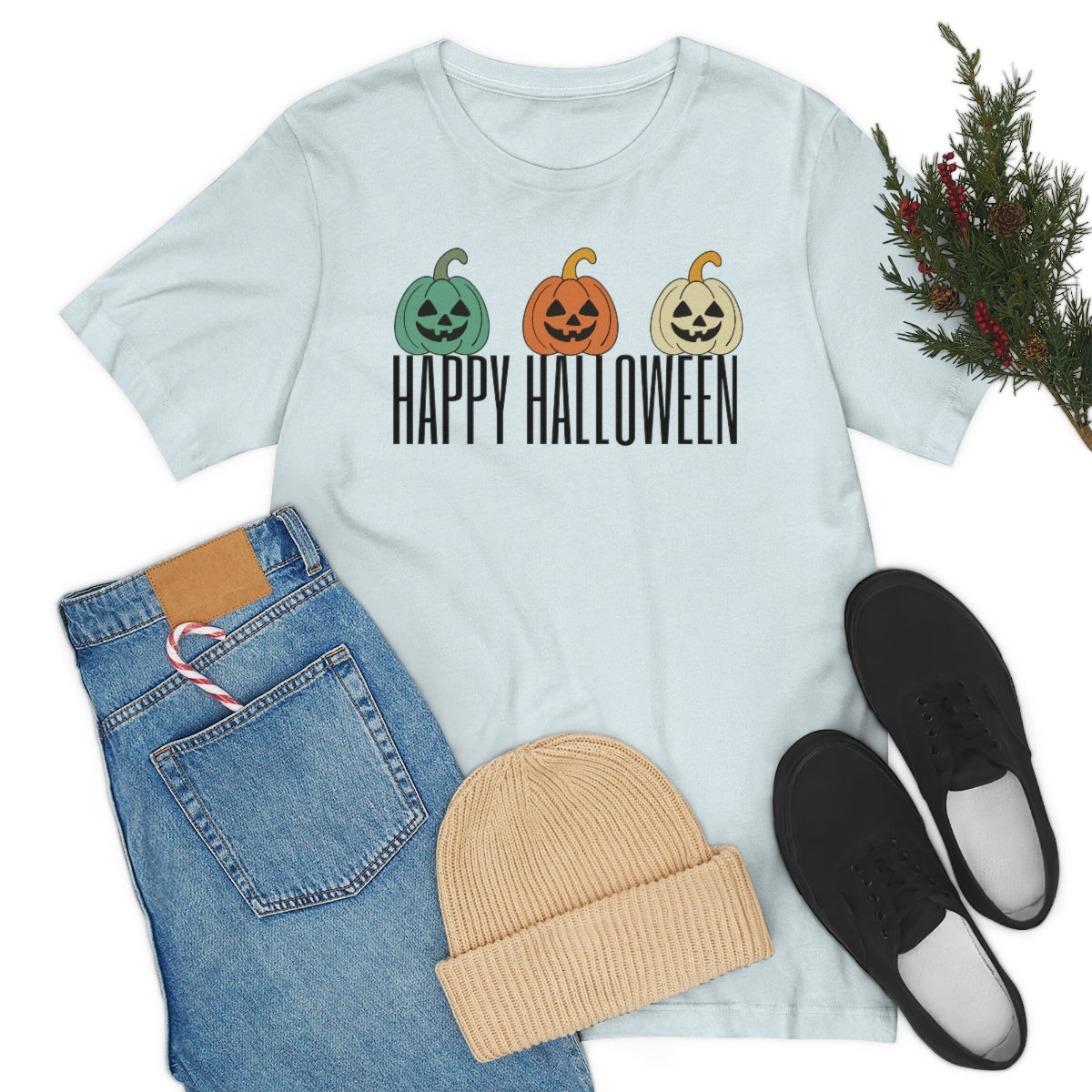 Three Pumpkins Retro Cute Happy Halloween TShirt Design on Unisex Jersey Short Sleeve Tee