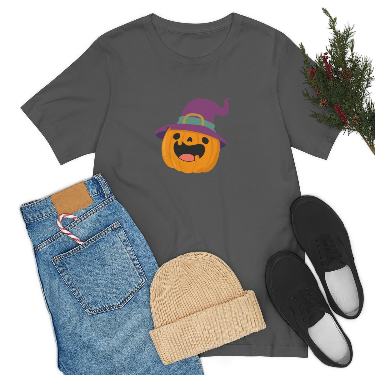 Pumpkin with Purple Hat Happy Halloween Tshirt, Funny Halloween T-Shirt Design on Unisex Jersey Short Sleeve Tee