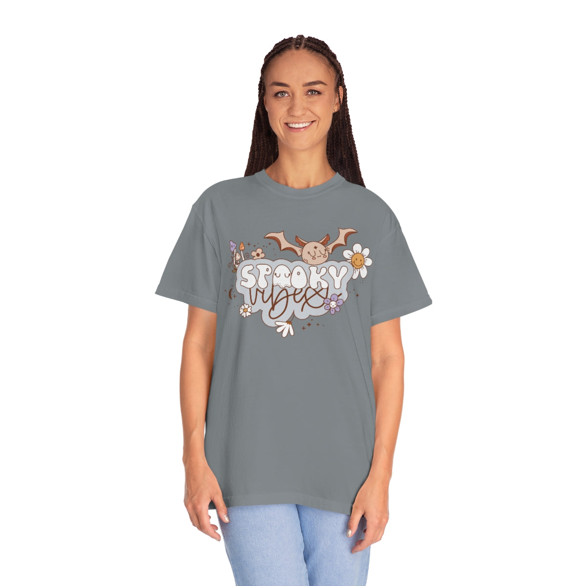 Spooky Vibes Cute Bat with Retro Lettering Design, Halloween Tshirt, Funny Tshirt Design on Unisex Garment-Dyed T-shirt