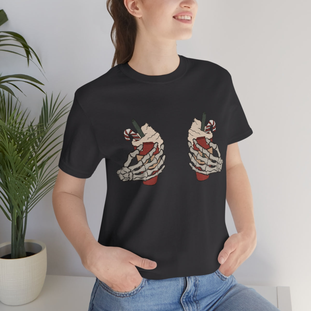 Skeleton Hands Starbucks Cups Breasts Funny Christmas Holiday Tshirt