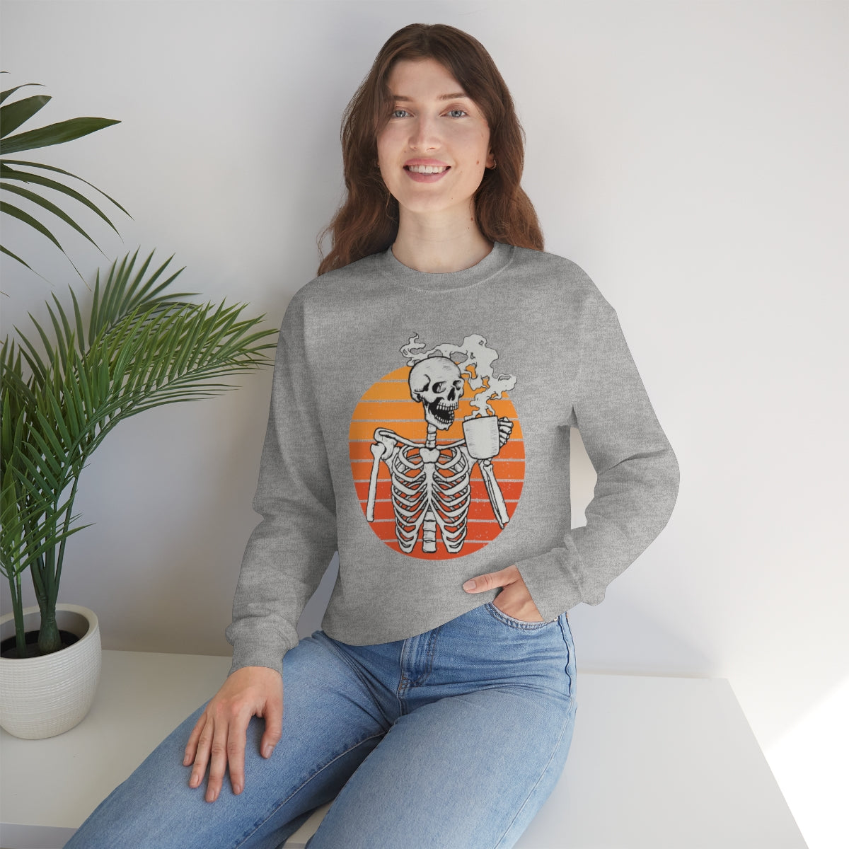 Skeleton Drinking Coffee Sweatshirt, Skeleton Sweater, Coffee Lover Sweatshirt, Halloween Crewneck Sweatshirt, Halloween Sweater, Spooky Season, Fall Shirts on Unisex Heavy Blend™ Crewneck Sweatshirt