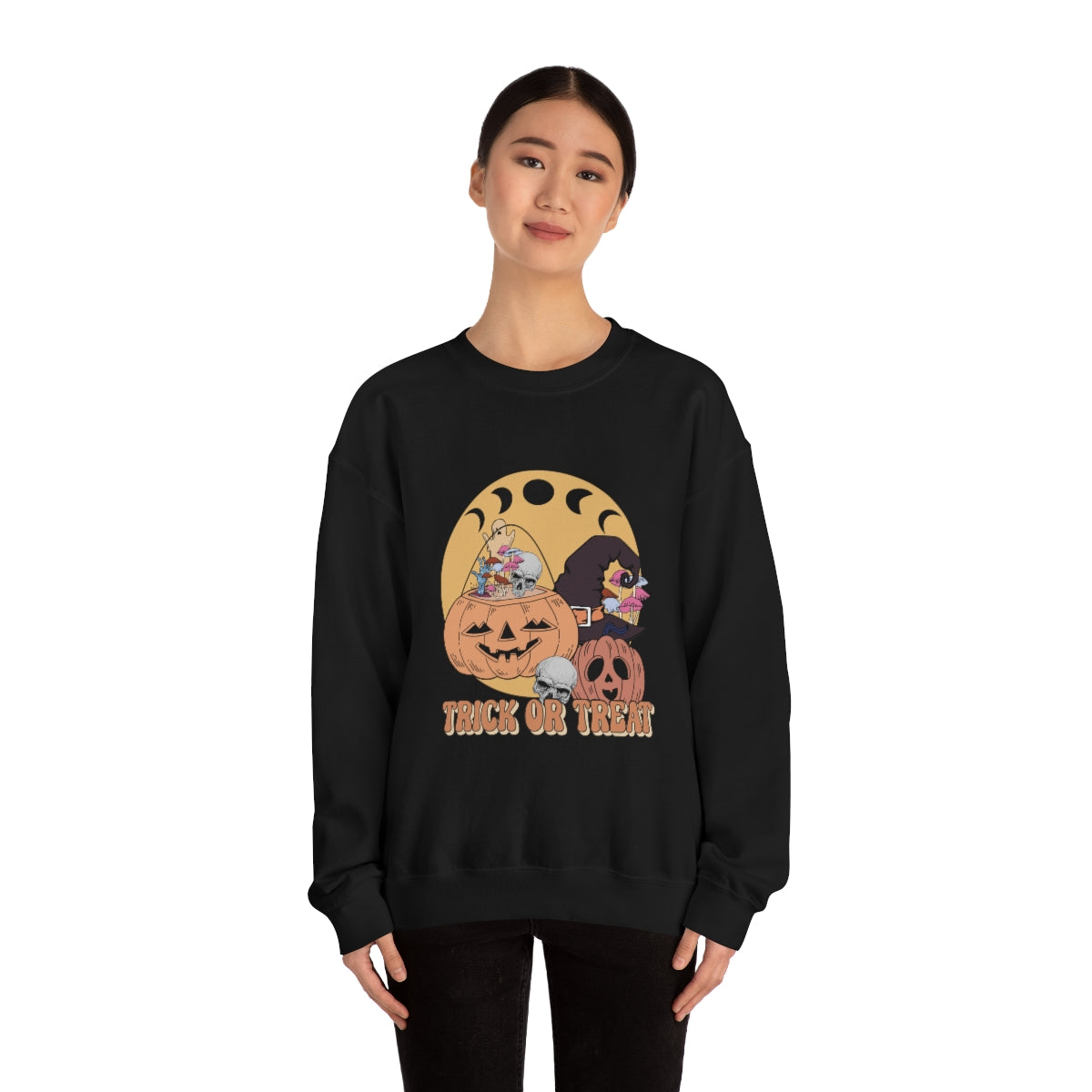 Trick or Treat Vintage Halloween Style Sweatshirt, Halloween Crewneck Sweatshirt, Halloween Sweater, Spooky Season, Fall Theme on Unisex Heavy Blend™ Crewneck Sweatshirt