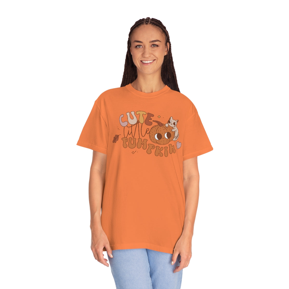 Cute Little Pumpkin with Black Cat and Retro Lettering Design, Halloween Tshirt, Funny Tshirt Design on Unisex Garment-Dyed T-shirt