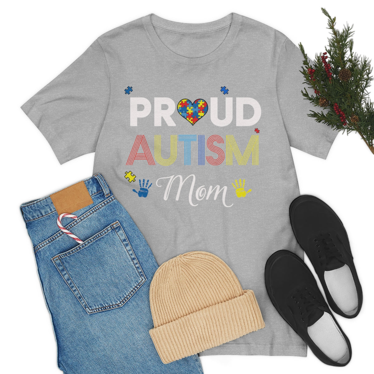 Proud Autism Mom with Handprints Puzzle Pieces Tshirt