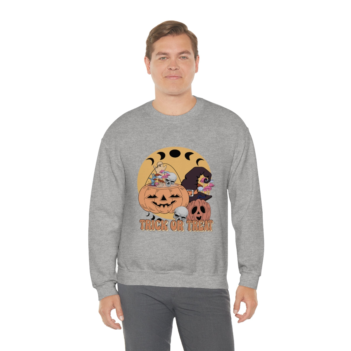 Trick or Treat Vintage Halloween Style Sweatshirt, Halloween Crewneck Sweatshirt, Halloween Sweater, Spooky Season, Fall Theme on Unisex Heavy Blend™ Crewneck Sweatshirt