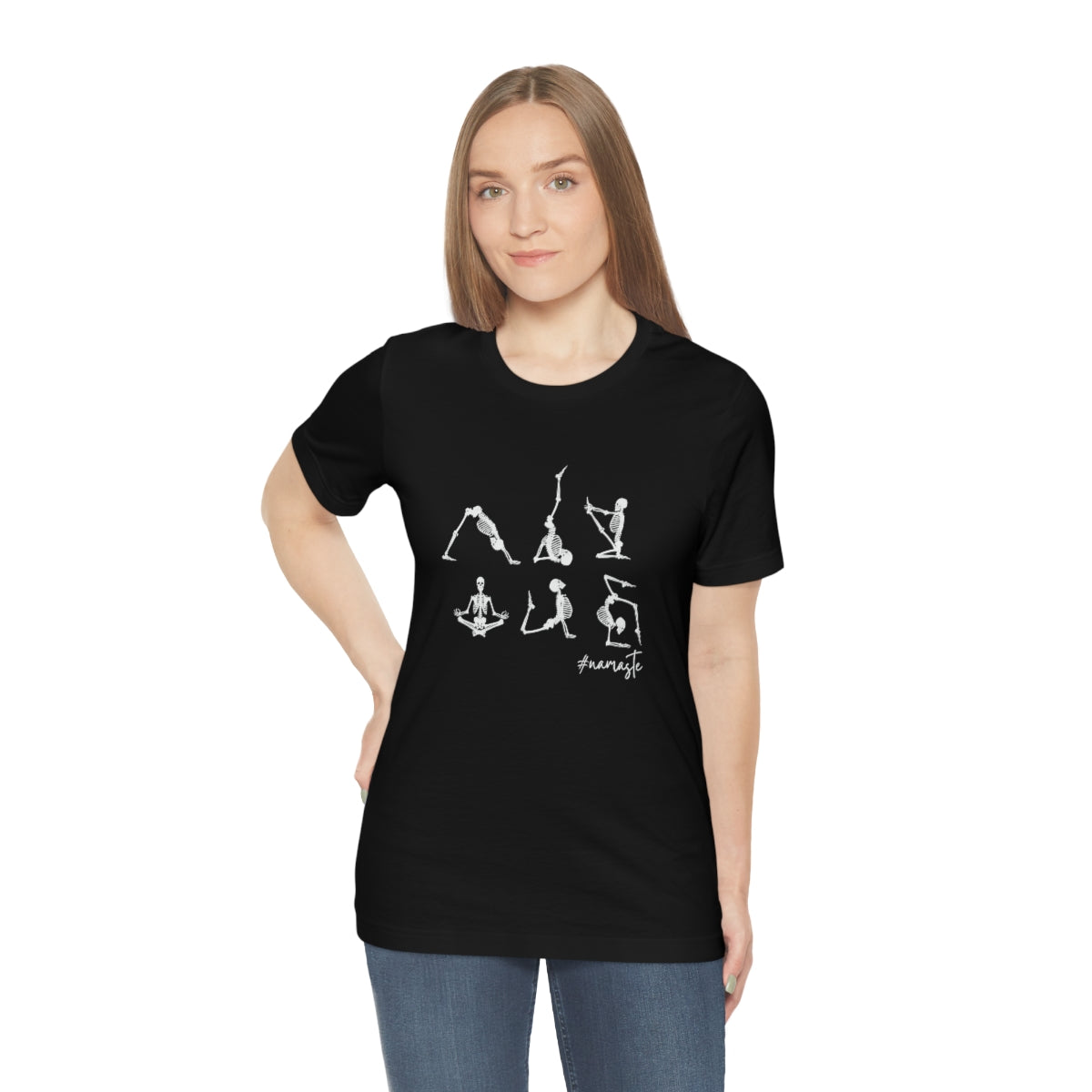 Namaste Yoga Skeletons Design on Unisex Jersey Short Sleeve Tee