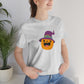 Pumpkin with Purple Hat Happy Halloween Tshirt, Funny Halloween T-Shirt Design on Unisex Jersey Short Sleeve Tee