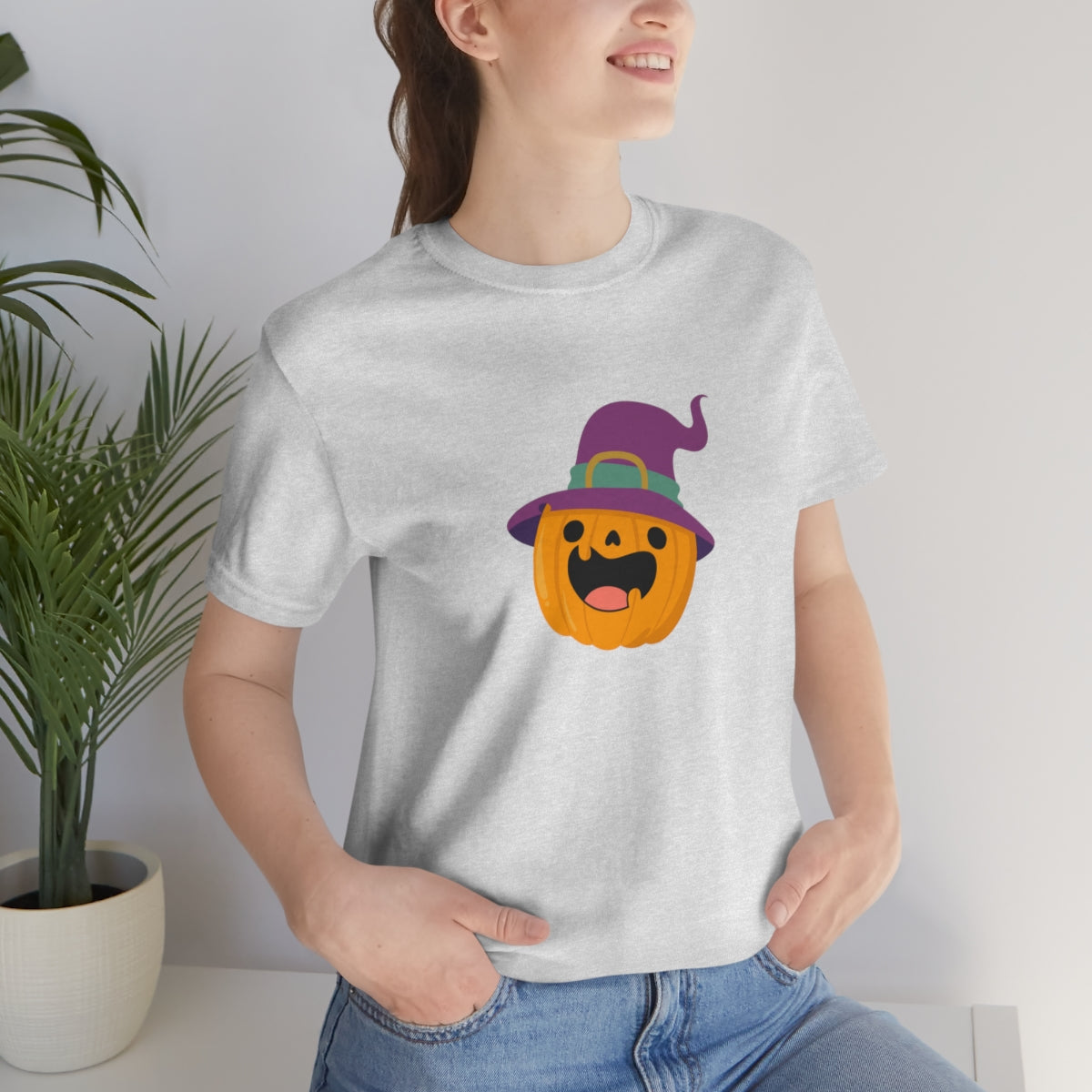 Pumpkin with Purple Hat Happy Halloween Tshirt, Funny Halloween T-Shirt Design on Unisex Jersey Short Sleeve Tee