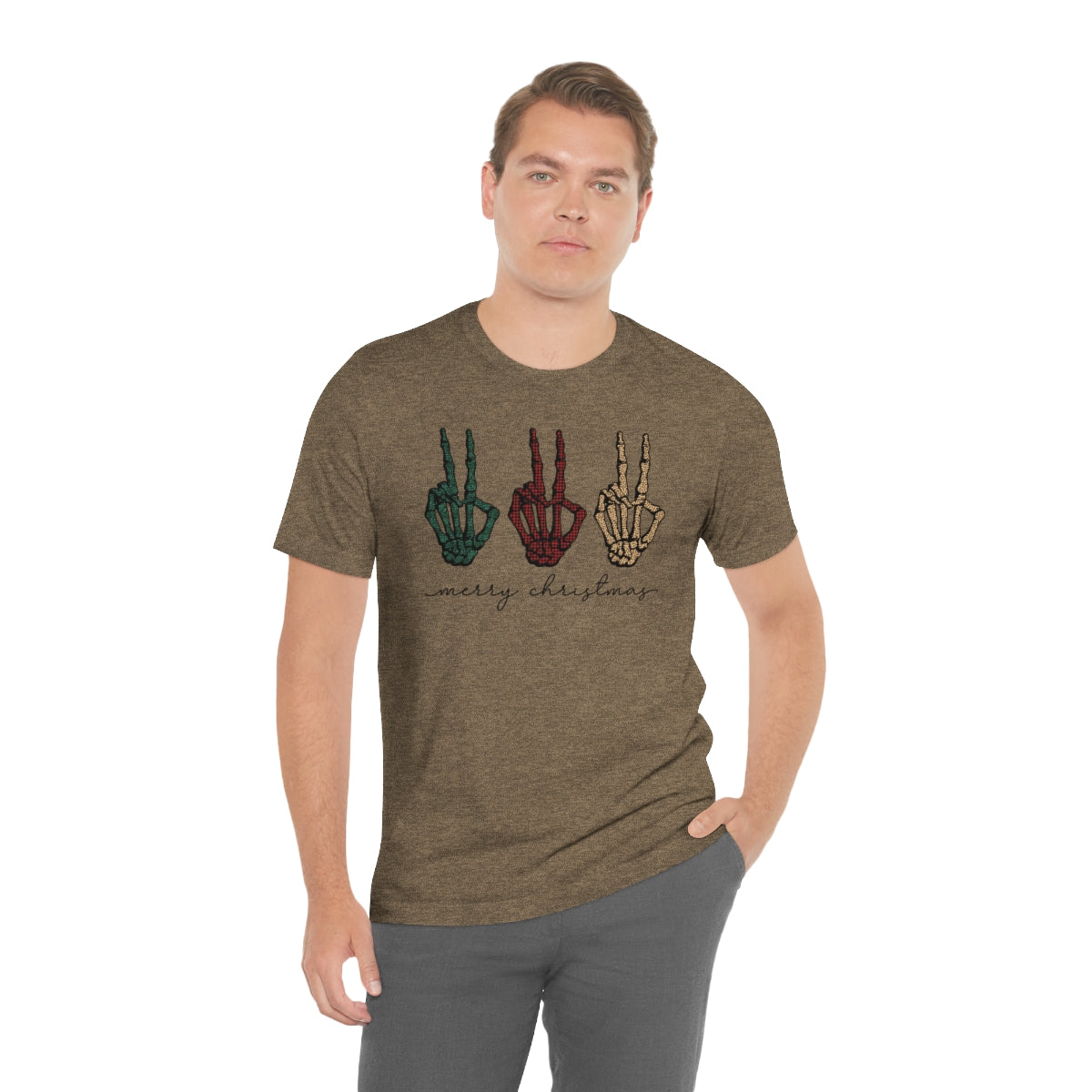 Three Peace Signs Skeleton Hands Spooky Merry Christmas Script Tshirt