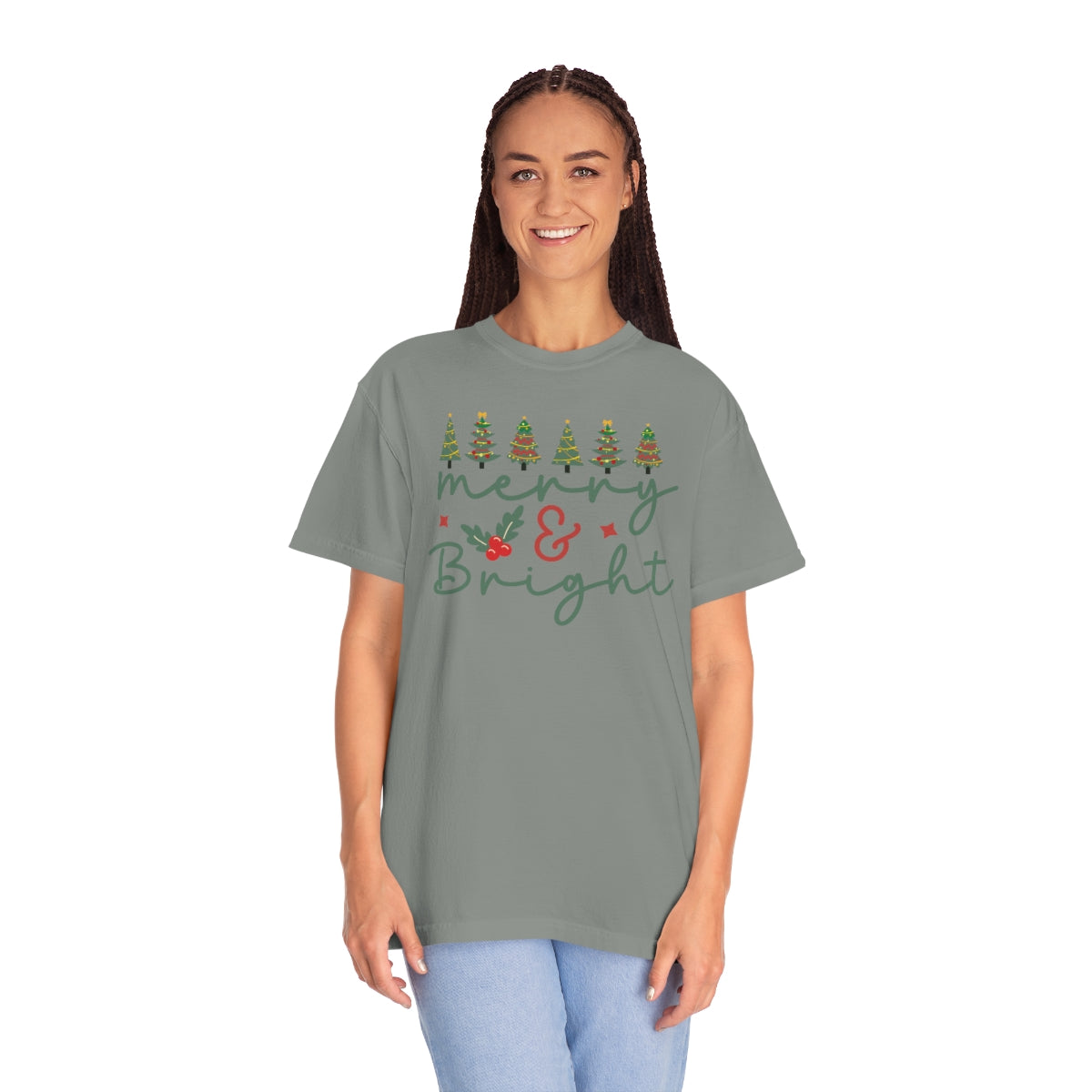 Merry & Bright Cute Words & Trees Christmas Holiday Tshirt