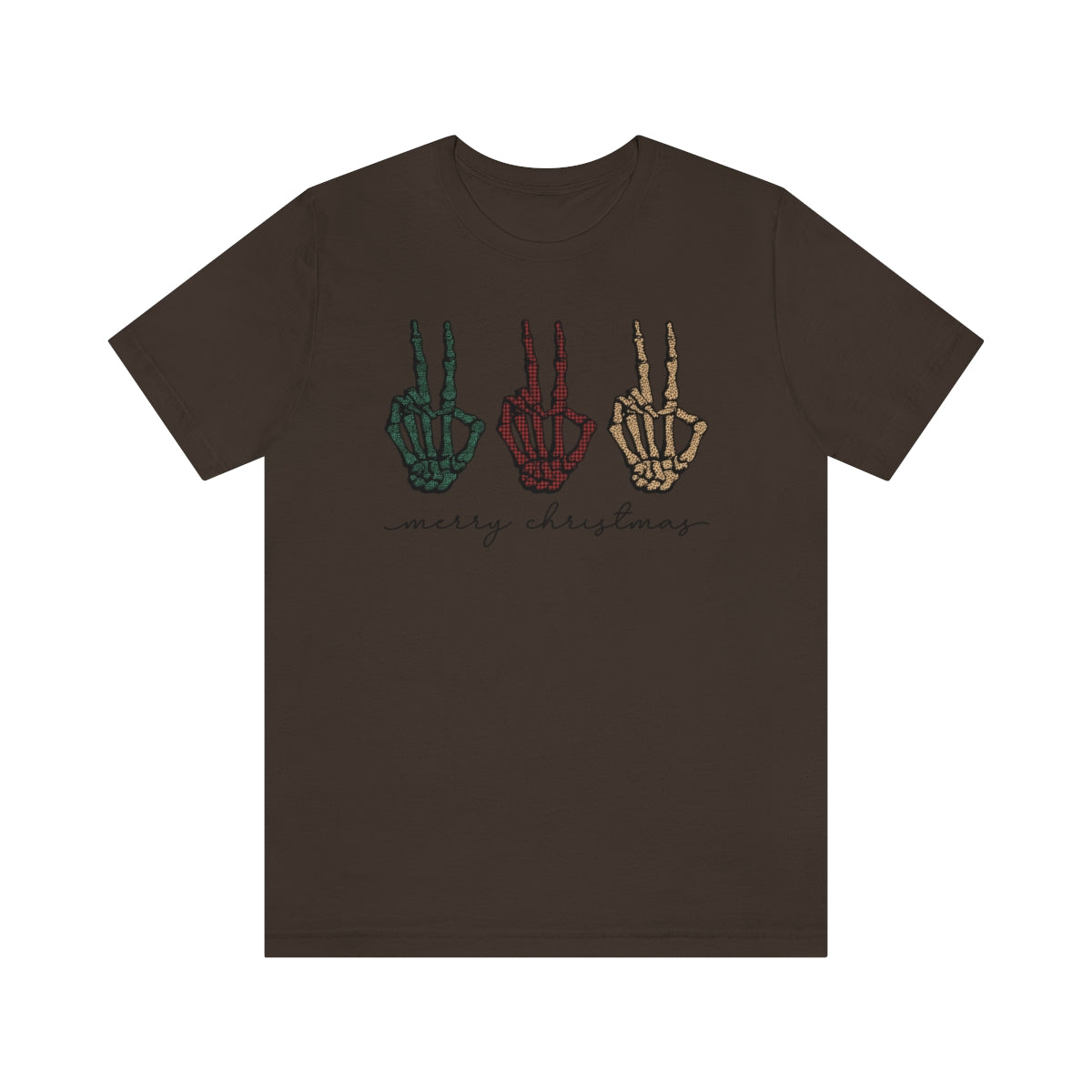 Three Peace Signs Skeleton Hands Spooky Merry Christmas Script Tshirt