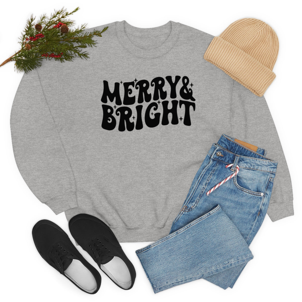 Merry and Bright Retro Lettering Design on Unisex Heavy Blend™ Crewneck Sweatshirt