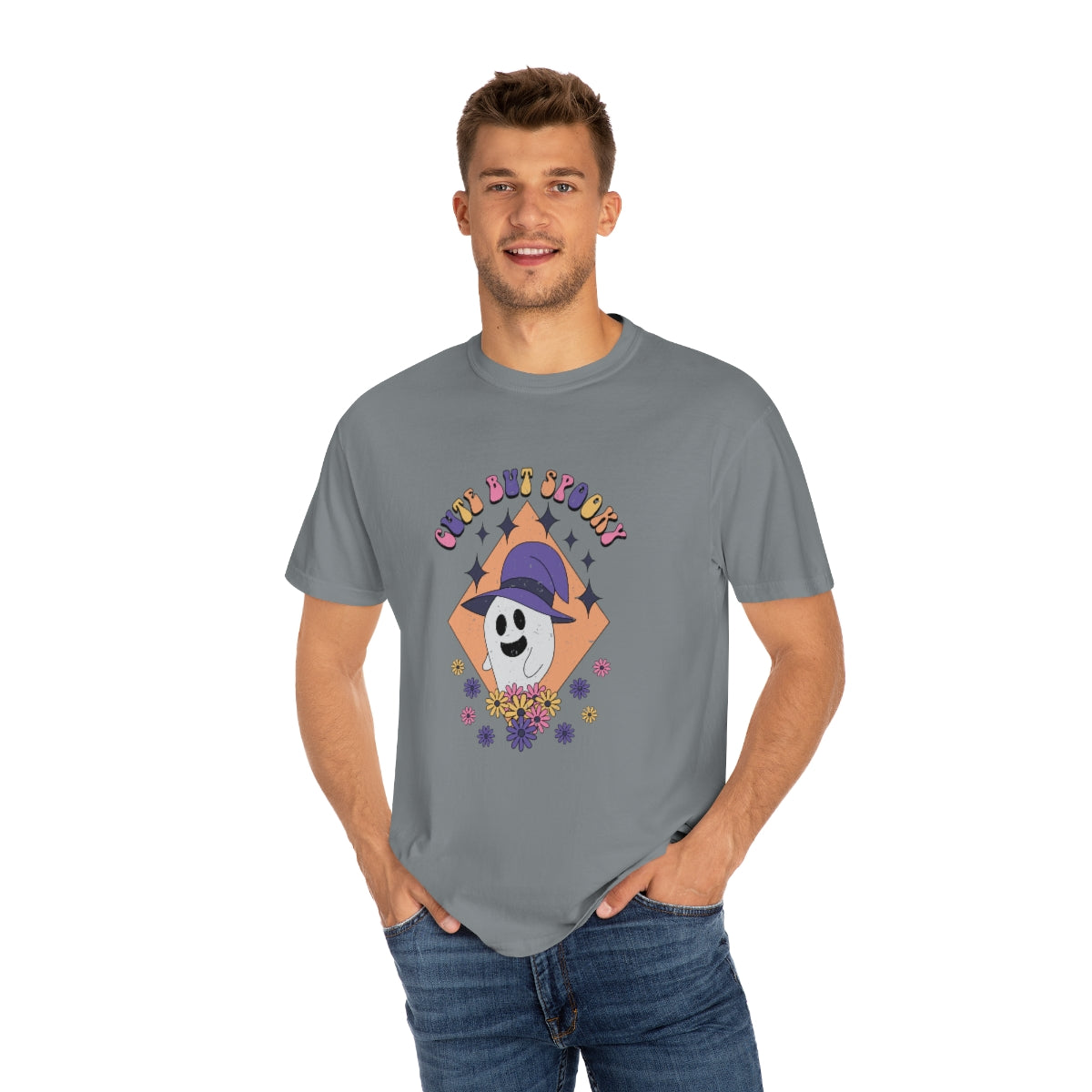 Cute but Spooky Cute Retro Halloween Teeshirt Design on Unisex Garment-Dyed T-shirt