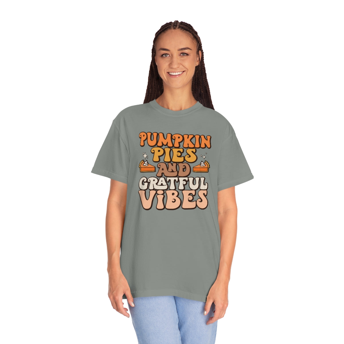 Pumpkin Pies & Grateful Vibes Thanksgiving TeeShirt Design | Thanksgiving T-Shirt | Retro Thanksgiving Shirt Design | Thanksgiving TShirt | Thanksgiving Lover Shirt | Funny Thanksgiving Tee Shirt Design on Unisex Garment-Dyed T-shirt