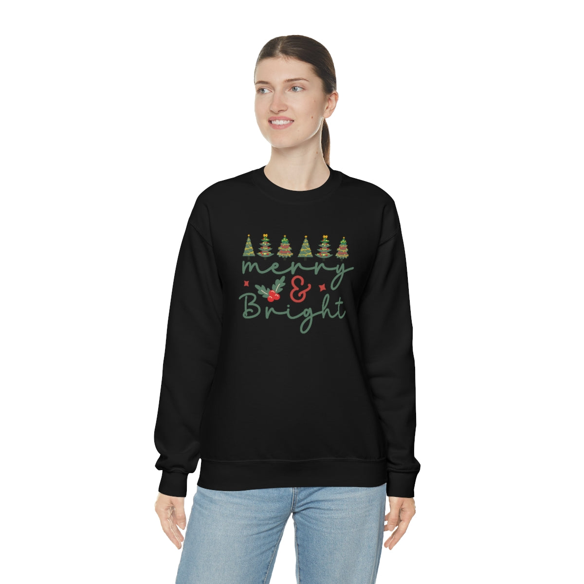 Cute Merry & Bright Christmas Trees Lights Xmas Holiday Sweatshirt