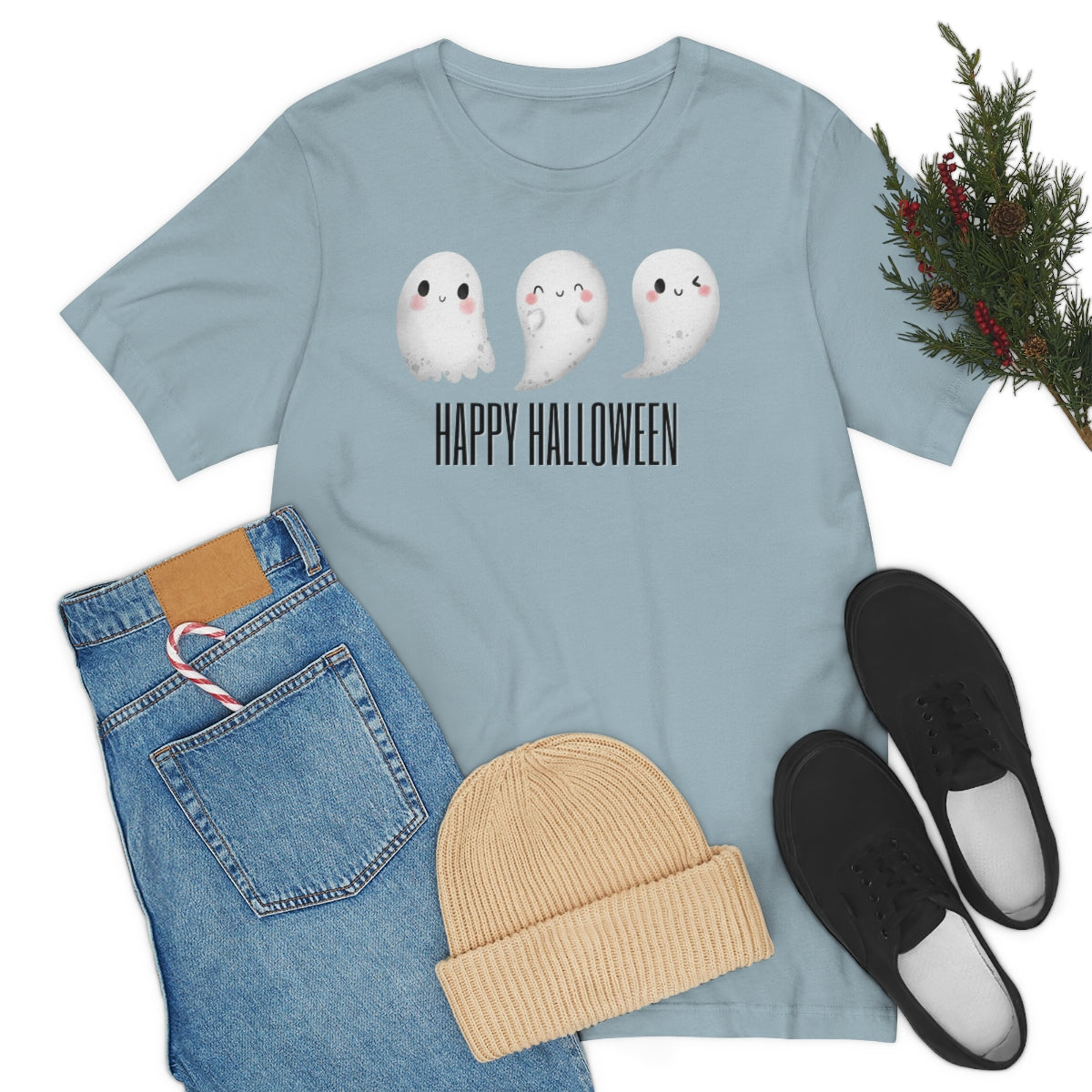 Three Ghosts Cute Happy Halloween Tshirt, Funny TShirt Design on Unisex Jersey Short Sleeve Tee