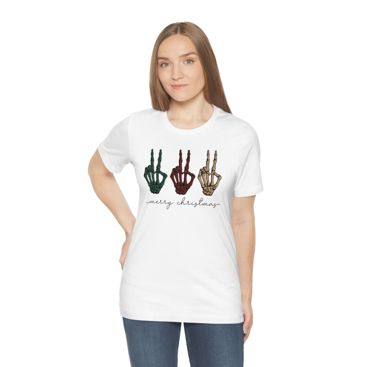 Three Peace Signs Skeleton Hands Spooky Merry Christmas Script Tshirt