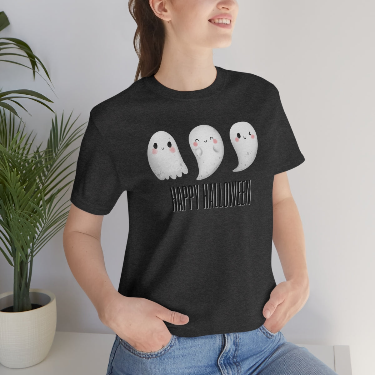 Three Ghosts Cute Happy Halloween Tshirt, Funny TShirt Design on Unisex Jersey Short Sleeve Tee