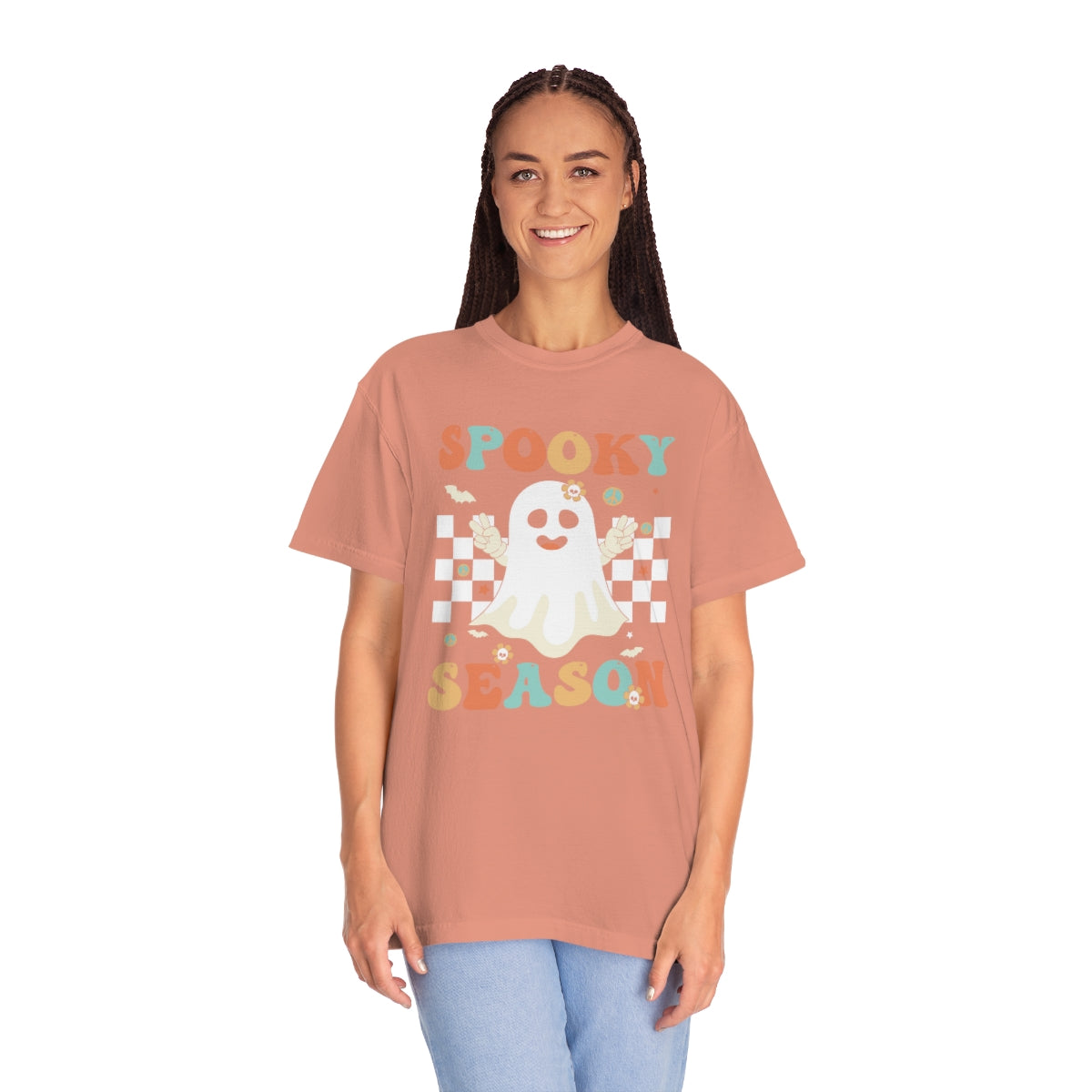 Spooky Season Halloween with Checkerboard Cute Retro Design, Halloween Tshirt, Funny Tshirt Design on Unisex Garment-Dyed T-shirt