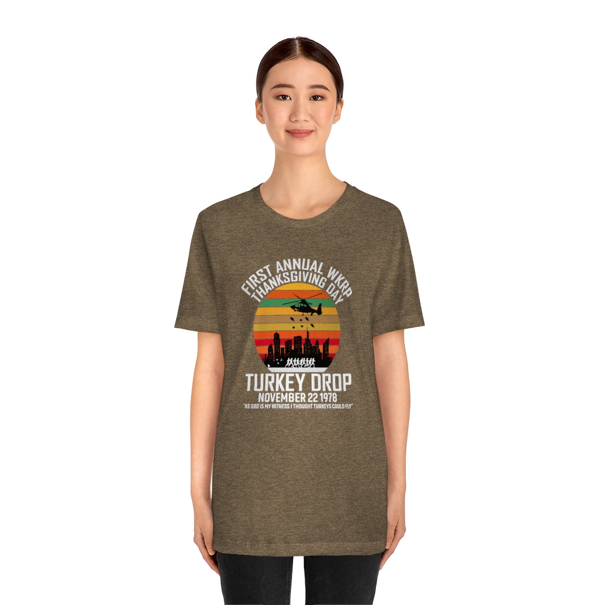 WKRP Turkey Drop Thanksgiving Teeshirt on Unisex Jersey Short Sleeve Tee