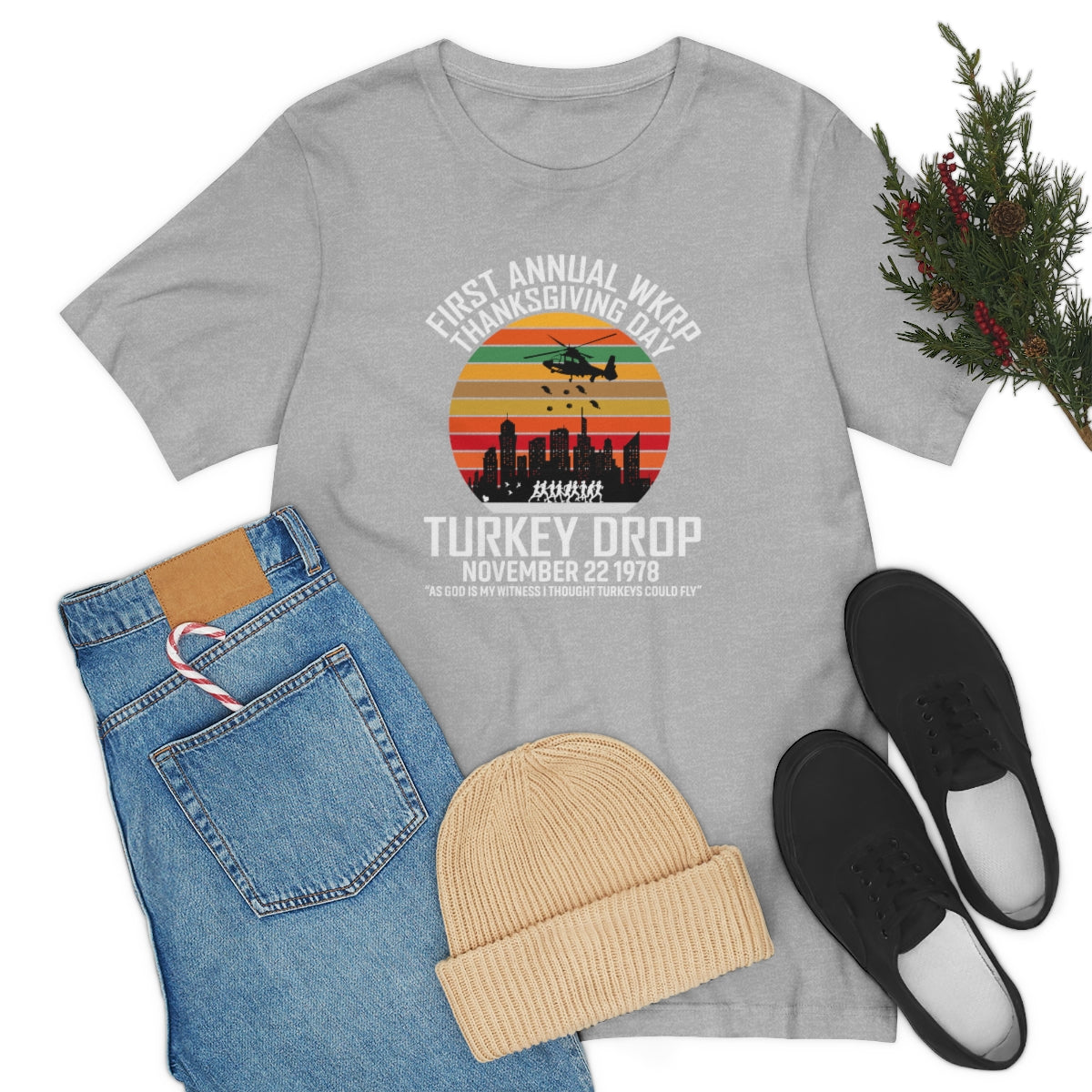 WKRP Turkey Drop Thanksgiving Teeshirt on Unisex Jersey Short Sleeve Tee