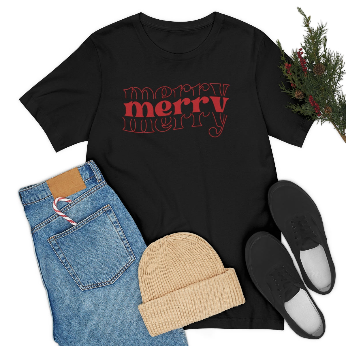 Merry Merry Merry Red Cute Christmas Holiday Tshirt