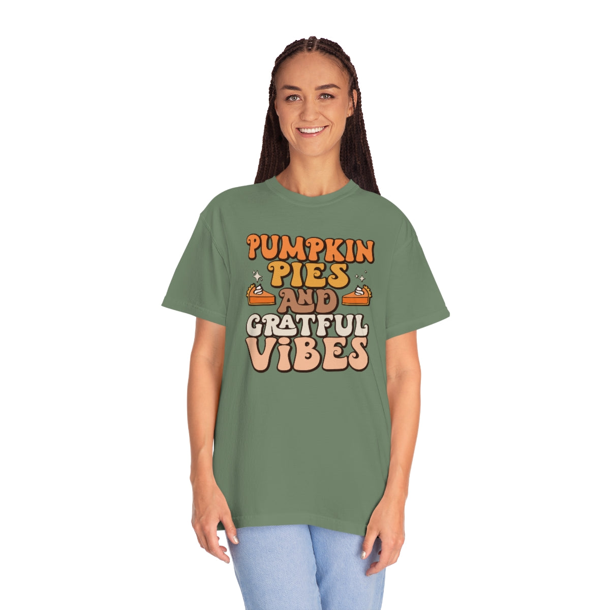 Pumpkin Pies & Grateful Vibes Thanksgiving TeeShirt Design | Thanksgiving T-Shirt | Retro Thanksgiving Shirt Design | Thanksgiving TShirt | Thanksgiving Lover Shirt | Funny Thanksgiving Tee Shirt Design on Unisex Garment-Dyed T-shirt