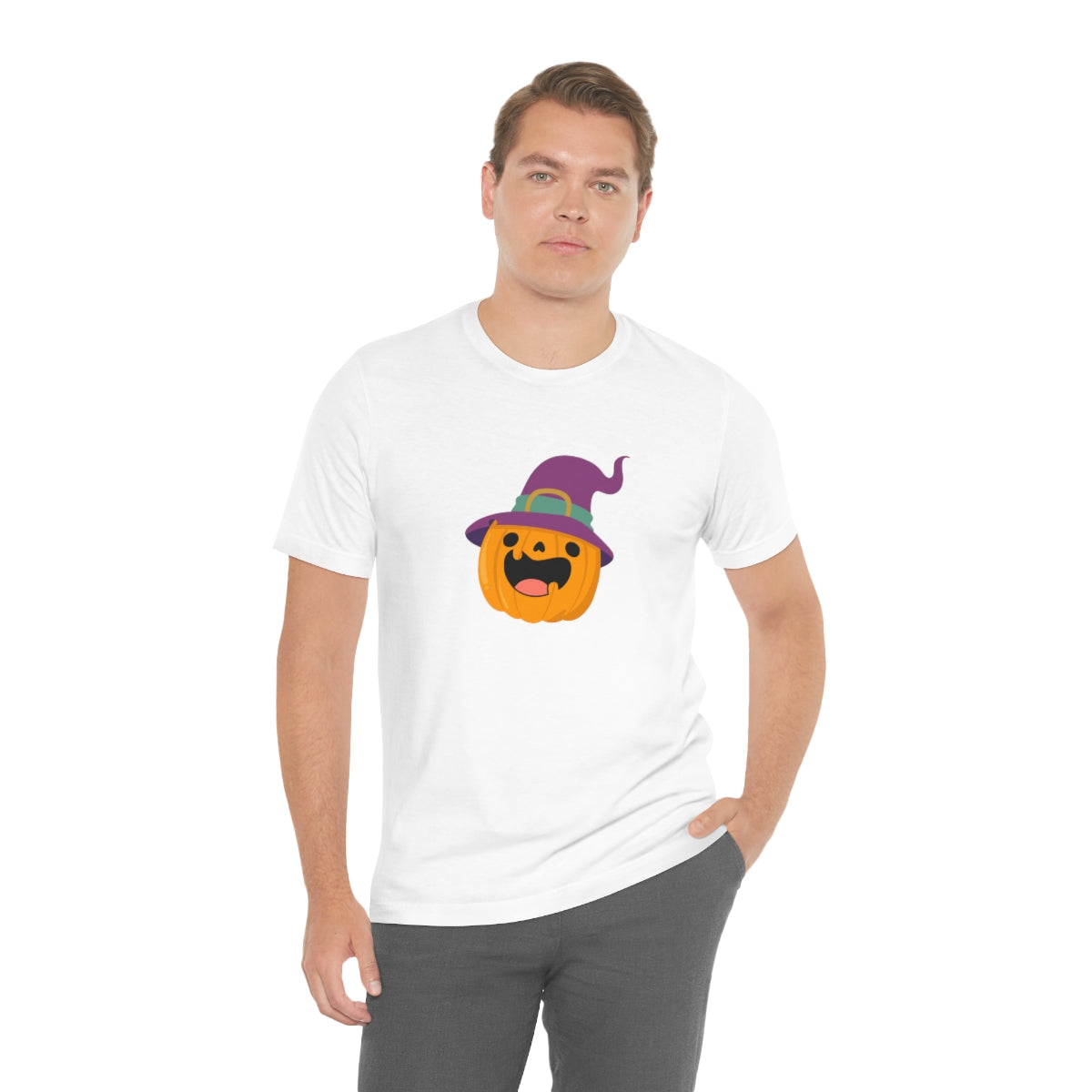 Pumpkin with Purple Hat Happy Halloween Tshirt, Funny Halloween T-Shirt Design on Unisex Jersey Short Sleeve Tee