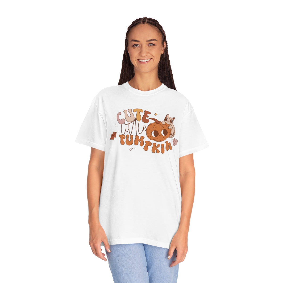 Cute Little Pumpkin with Black Cat and Retro Lettering Design, Halloween Tshirt, Funny Tshirt Design on Unisex Garment-Dyed T-shirt