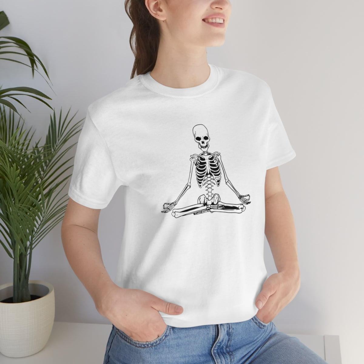 Meditating Yoga Skeleton TShirt, Funny Shirt, Namaste Skeleton, Halloween Lover Gift on Unisex Jersey Short Sleeve Tee